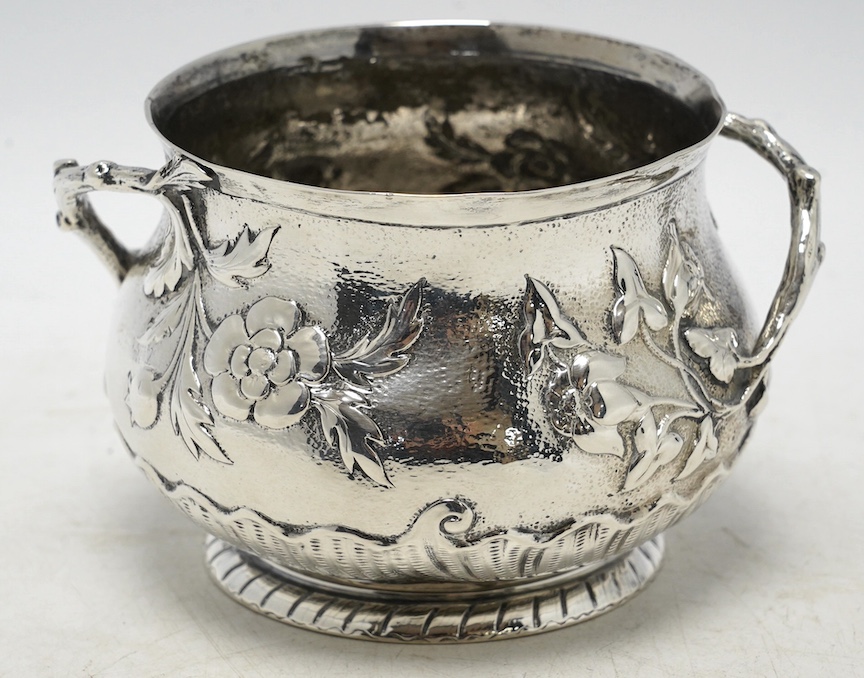 A late Victorian silver two handled sugar bowl, by Carrington & Co, London 1900, 7.3oz. Condition - poor to fair